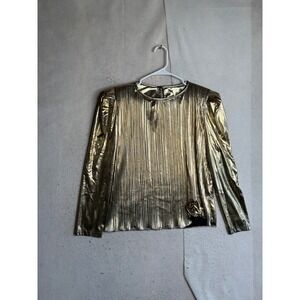 Vintage Boston Maid Gold Metallic Pleated Puffy Shoulder Blouse Disco Top L